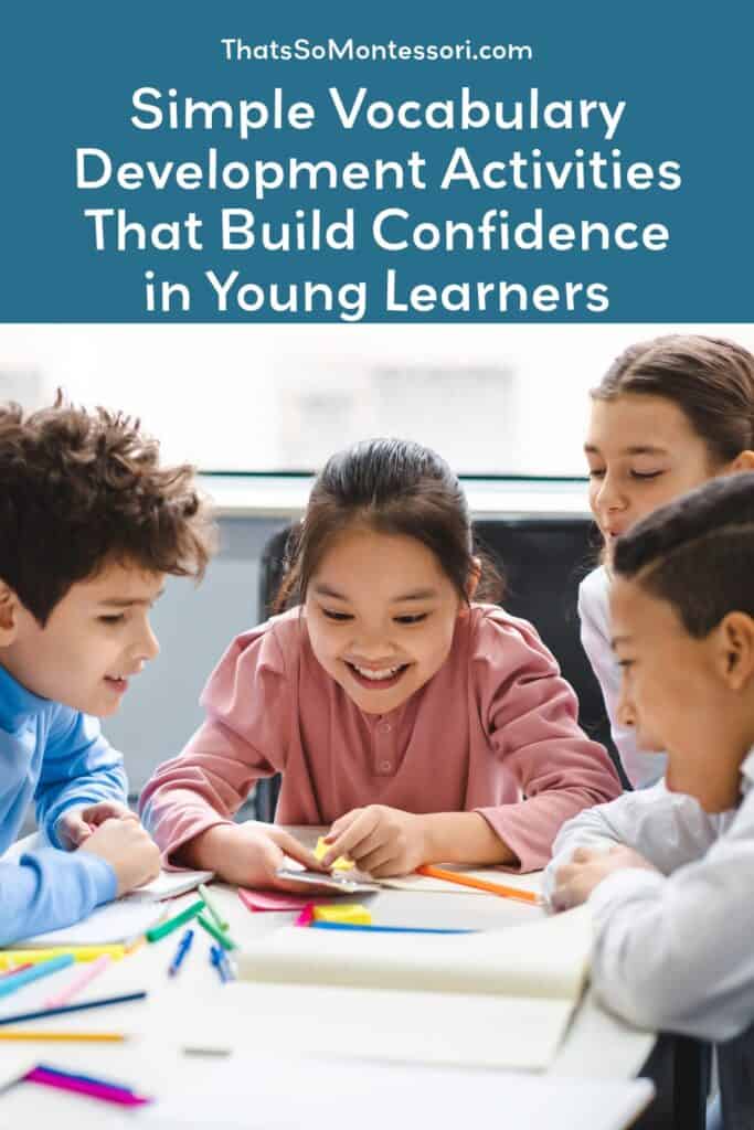 Group of diverse children engaging in vocabulary building activity with colorful manipulatives at a Montessori preschool