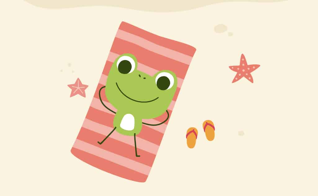 Cartoon frog laying on a towel on sand for the sentences, "She is going to the beach later in the afternoon."