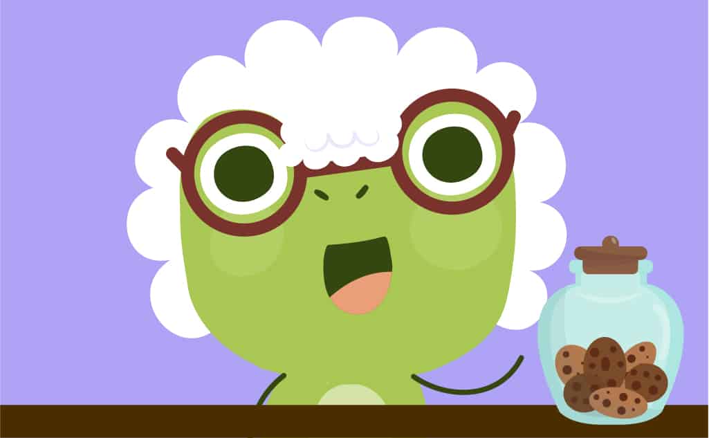 Cartoon frog with glasses and white hair for the sentence, "Grandma baked cookies for me."