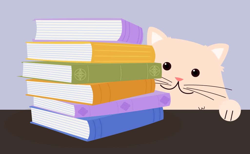 Cartoon cat with a stack of books for the sentence, "Whose books are these?"