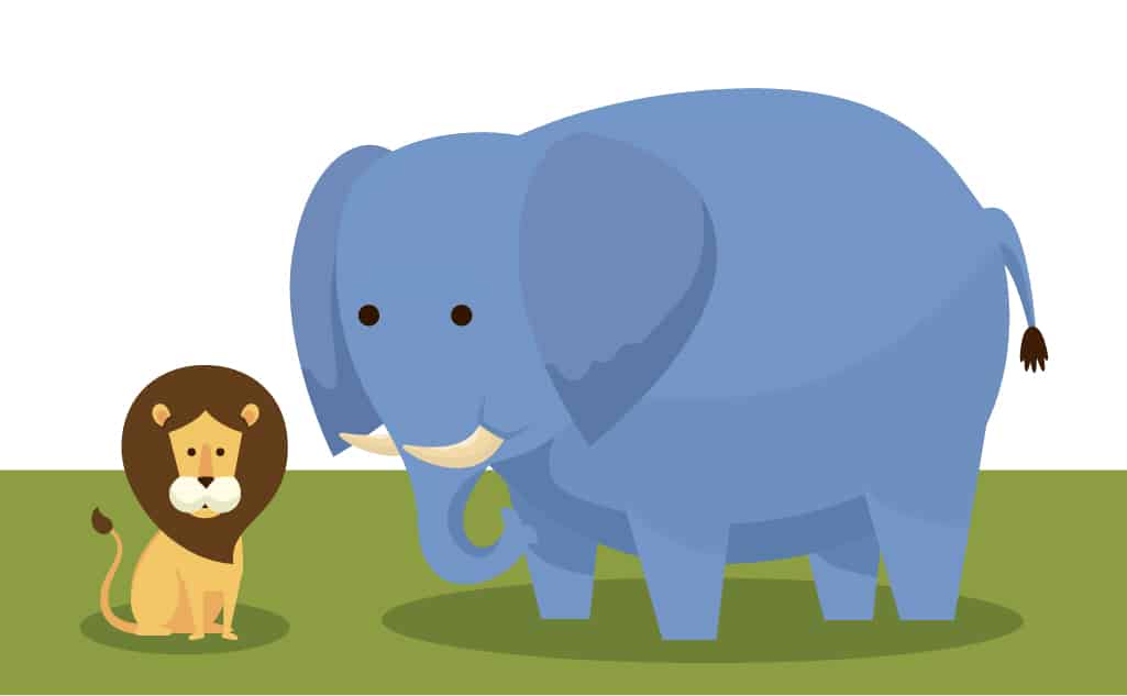 Cartoon lion and elephant for the sentence, "Elephants are larger than lions." Showing how to use parts of speech for kids.