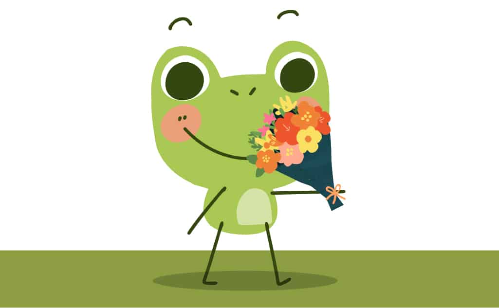 Cartoon frog holding a bouquet of flowers for the sentence, "What flower do you like best?"