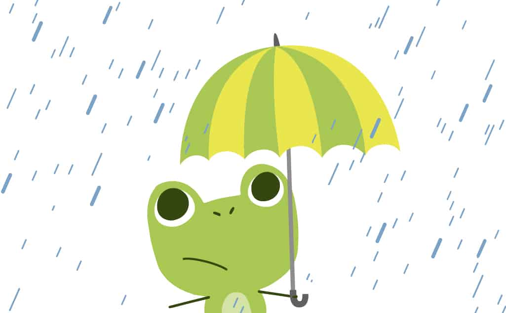 Cartoon frog holding an umbrella in the rain for the sentence, "You need an umbrella to walk outside."
