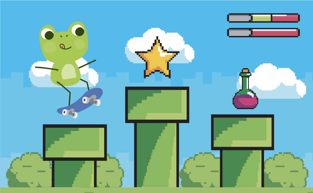 Cartoon frog in a video game scene for the sentence, "I played the new video game."