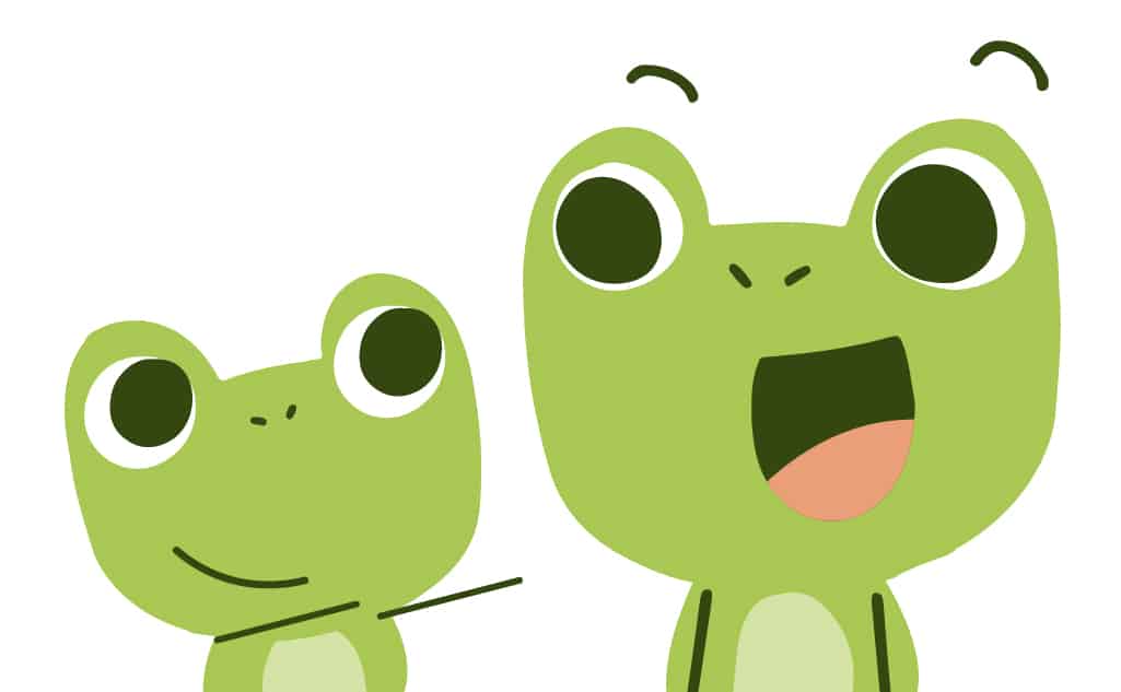 Two cartoon frogs for the sentence, "I am shorter than my brother."