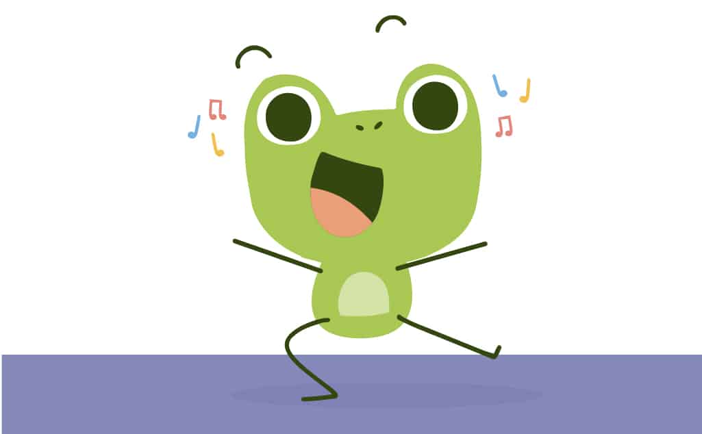 Cartoon frog dancing for the sentence, "He dances beautifully."