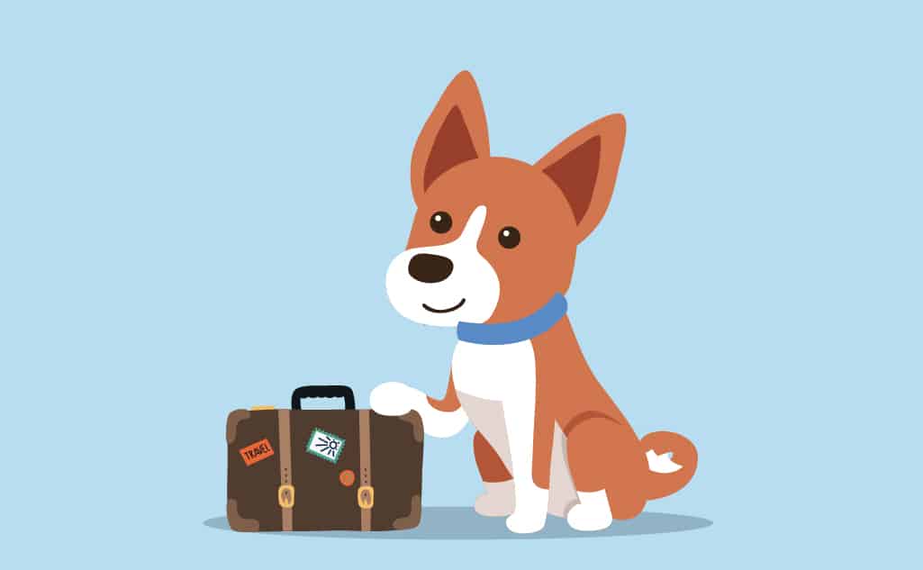 Cartoon dog with a suitcase for the sentence, "They are going to travel with their dog."