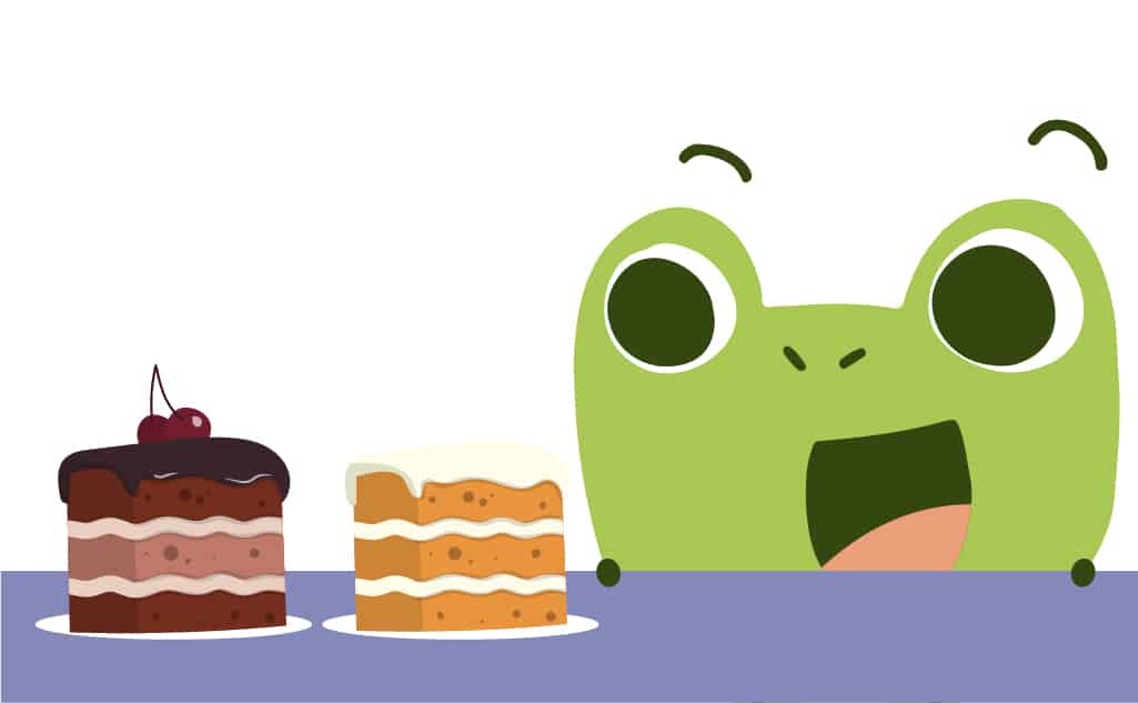 Cartoon frog with two pieces of cake for the sentence, "I will eat either carrot cake or chocolate cake for dessert."