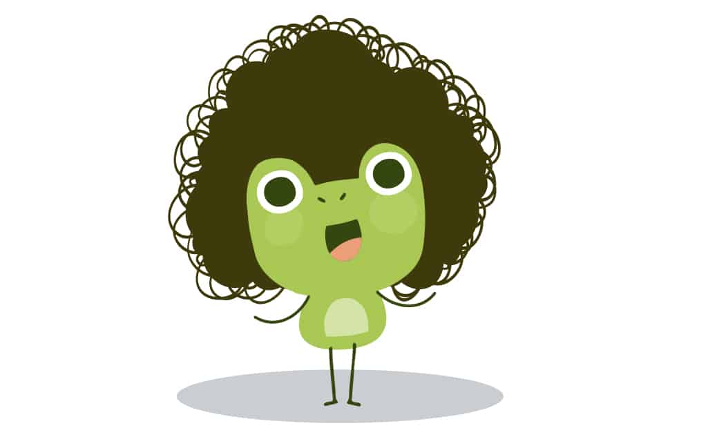 Cartoon frog with big hair demonstrating the compound noun "haircut".