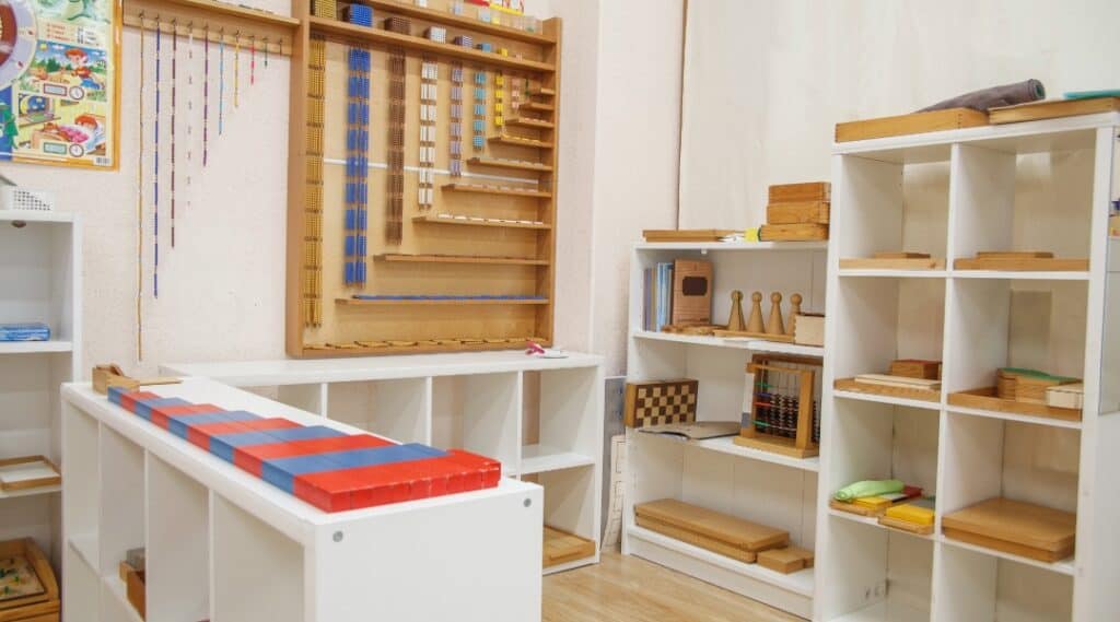 A picture of a Montessori elementary classroom, highlighting the Montessori prepared environment.