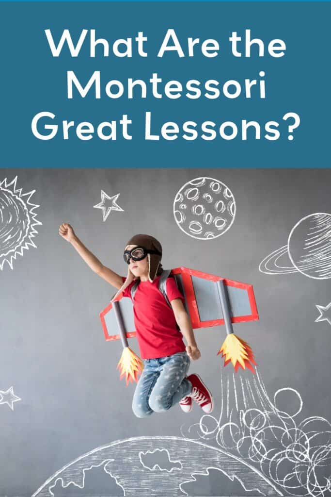 A Pinterest pin to promote this blog about Montessori great lessons.