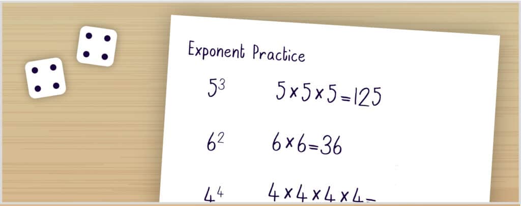 Example of score being kept for the math dice game Exponential Learning where calculating exponents is made fun and adventurous!
