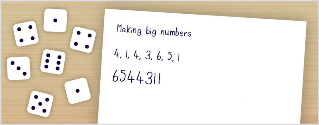 Seven dice are show and the numbers are recorded on a piece of paper. The numbers rolled have been rearragned to make the largest seven-digit number possible. In this case, the number is 6,544,311.