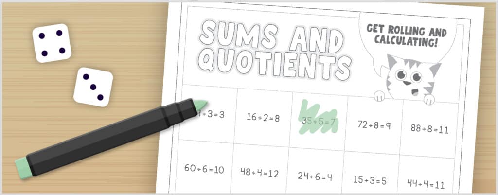 Two dice are shown beside the Sums and Quotients gameboard. This math game with dice is great for enhancing math and observation skills.
