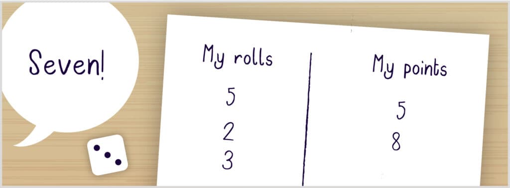 Paper showing the number rolled and points gained for each round of the dice game Make Ten. One die shows the number 3 and a speech bubble has the word "Seven!" inside.