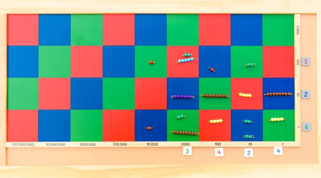 A picture of a Montessori checkerboard with bead bars on it.