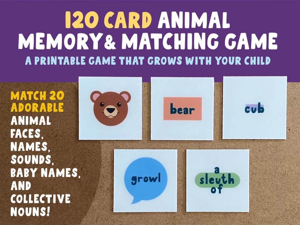 Poster for our Animal Matching Game which is great for learning about nouns