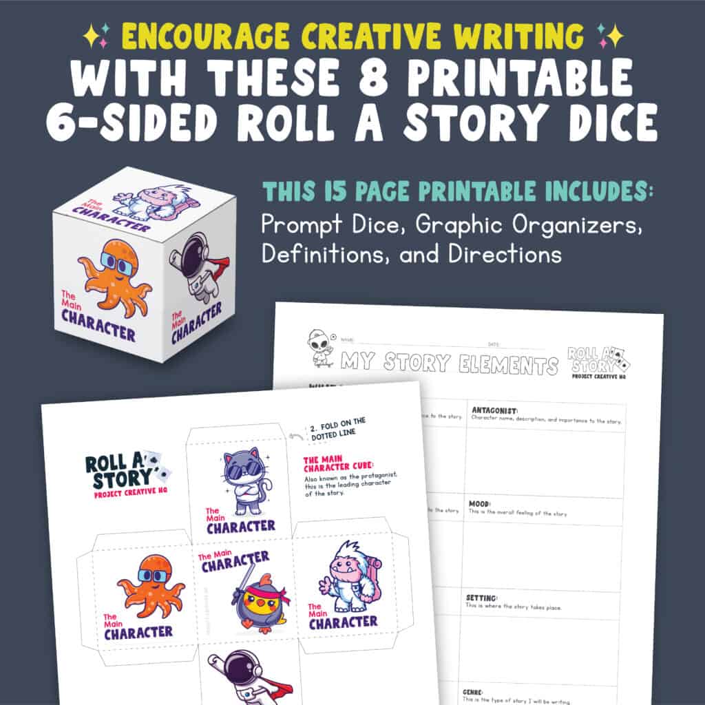 An image that highlights our story writing product 'Story Dice'. It shows some images that are on the cubes. This is just one of many awesome summer reading activities elementary kids will love!