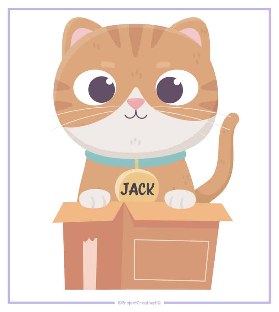 An example of an easy Rebus puzzle. There is a digital illustration of an orange tabby cat with a blue collar that has a yellow name tag hanging that reads 'Jack'. The cat is sitting in a brown cardboard box.