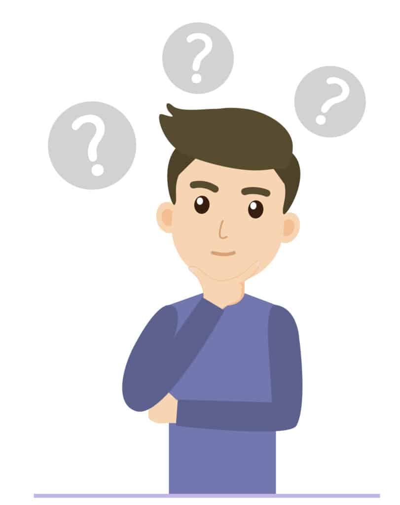A digital image of a boy with short brown hair with his right hand on his chin in a pensive look. There are question marks above his head. He is thinking deeply about easy rebus puzzles and their answers.