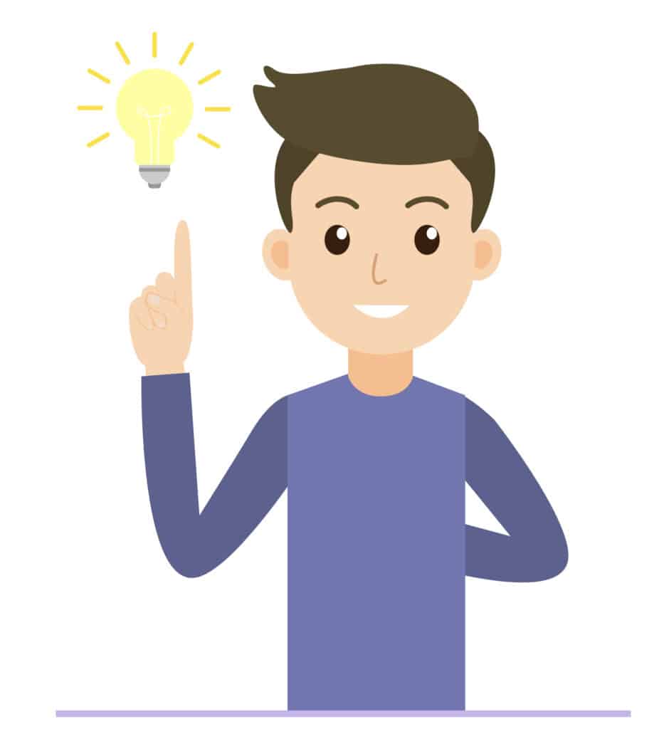 A digital image of the same boy with short brown hair with his right pointer finger pointing up into the air and a lightbulb above his pointer finger. He has solved an easy rebus puzzles with the right answer.