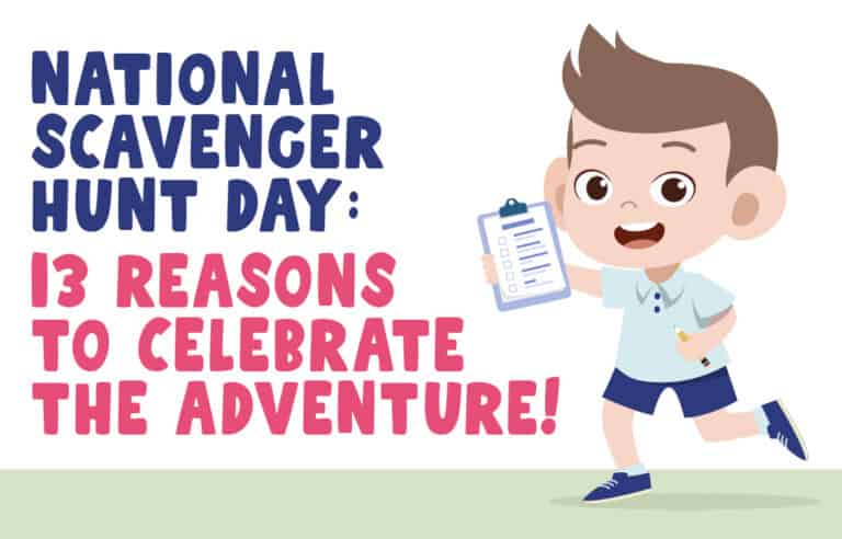 A happy cartoon boy holding a clipboard next to words about National Scavenger Hunt Day.