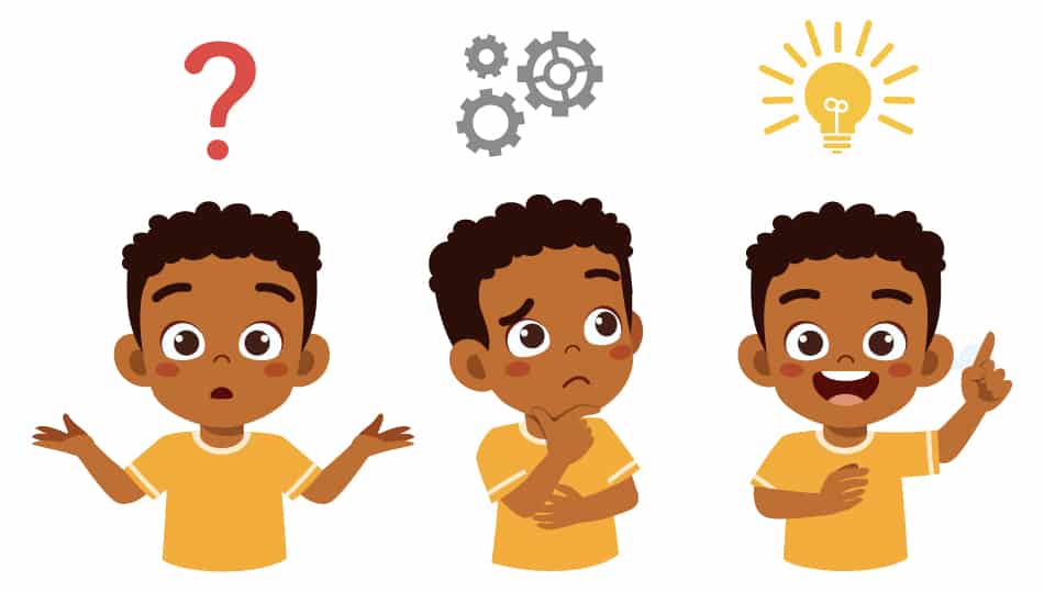 A digital image of a young boy going through the thinking process. There are three images of the same boy - one with a questioning look, one with a thinking look, and one with a look of understanding. Thinking deeply and differently is just one of the many benefits of scavenger hunts for kids!