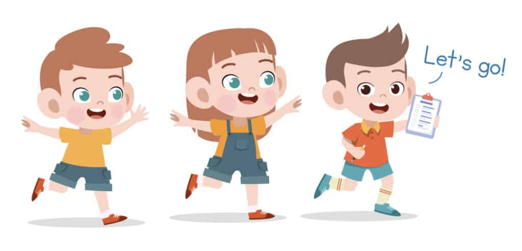 A digital image of three children excited and ready to get moving. This is one of the benefits of scavenger hunts for kids.