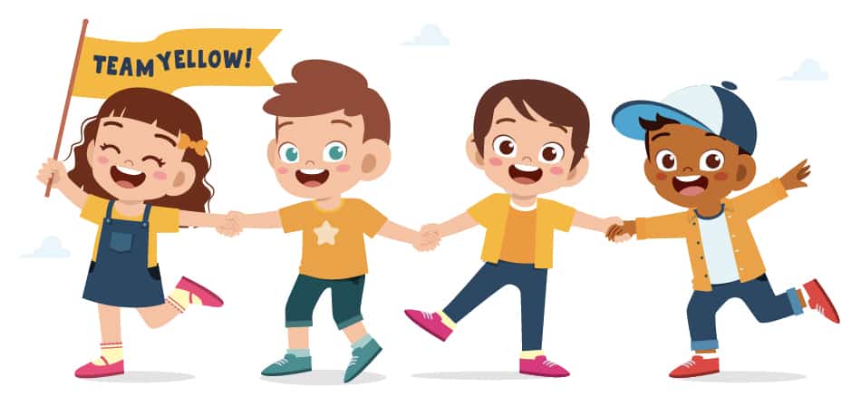 A digital illustration of four children all wearing yellow shirts holding hands with big smiles. One girl on the end is holding a sign that says, 'Team Yellow'. Teamwork is an important skill learned when doing scavenger hunts.