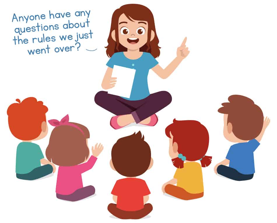 An adult women sitting with a group of 5 children asking if everyone understands the rules. It's important to know the guidelines and expectations of a scavenger hunt.