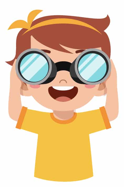 A digital illustraiton of the upperbody of a child wearing a yellow shirt and a yellow tie in their hair. They are holding binoculars up to their eyes. Binoculars are handy when doing a scavenger hunt.