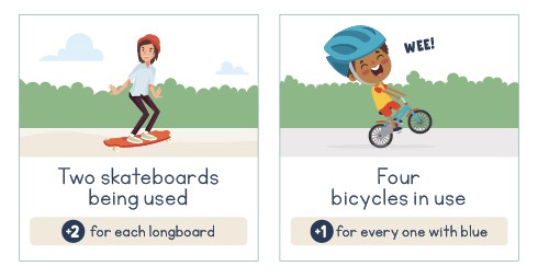 An image of two of the game cards. One has a person on a skateboard, the other has a boy on a bicycle.