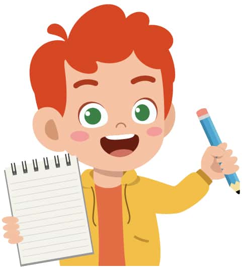 A digital illustration of a child with red hair holding a pencil in one hand and a notepad in the other. 
