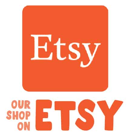 A big orange rectangle showcasing the Etsy logo. Below it says, "Our shop on Etsy". You can click the link to get to our store.