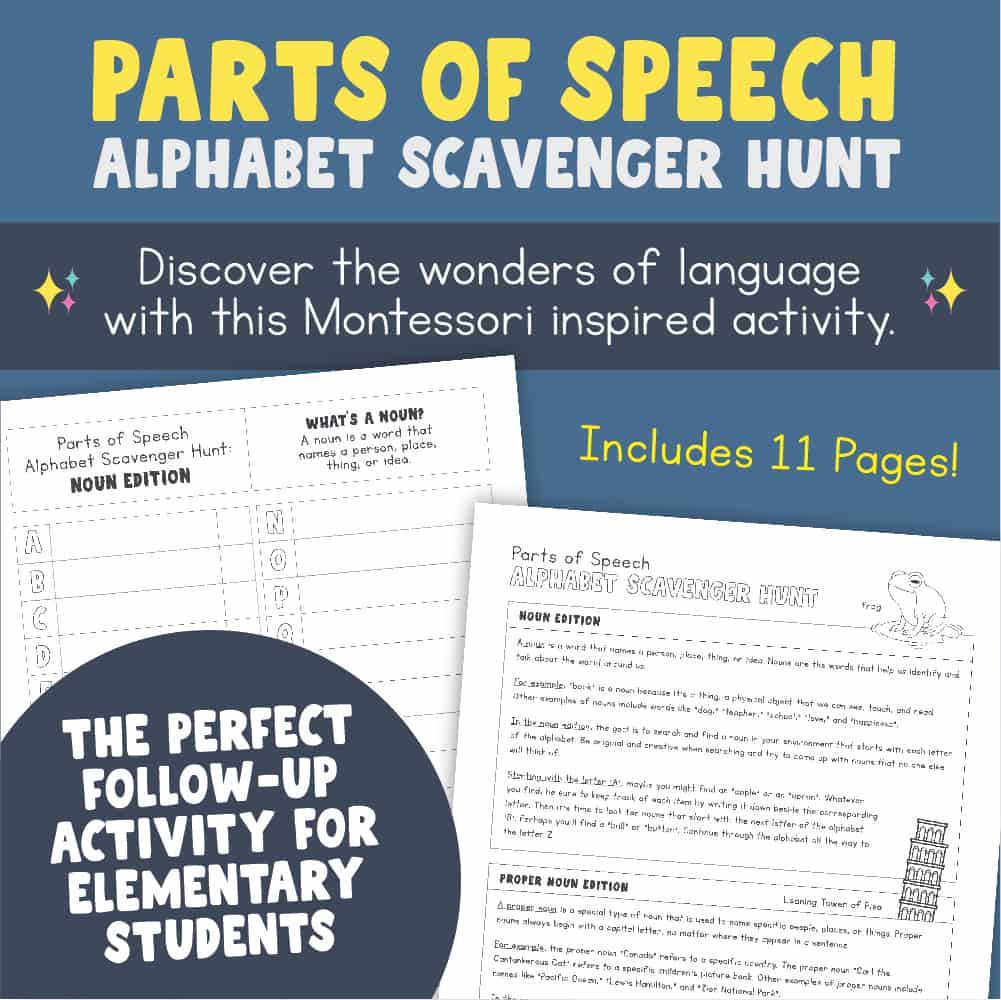 A thumbnail of our Parts of Speech Alphabet Scavenger Hunt printable that is perfect for celebrating National Scavenger Hunt Day.