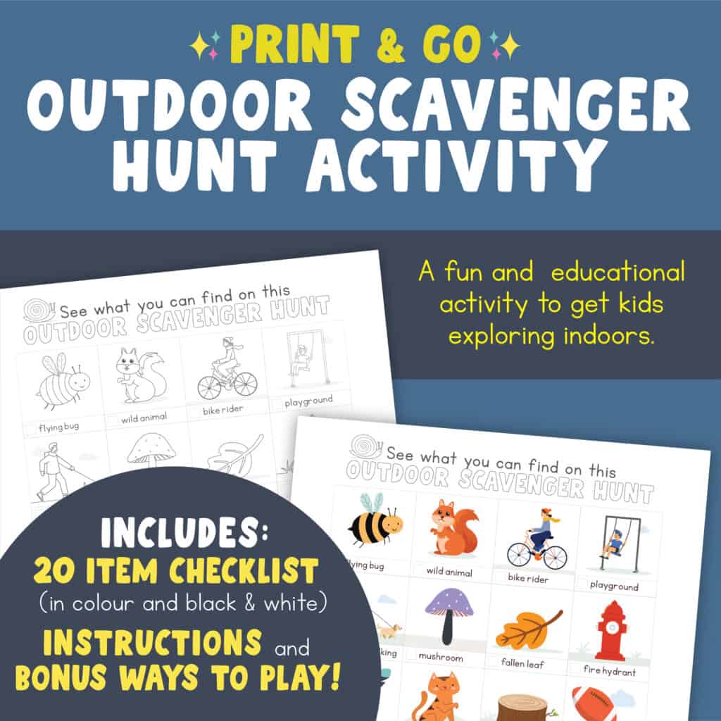 An image outlining our outdoor scavenger hun printable activity that includes a 20-item checklist.