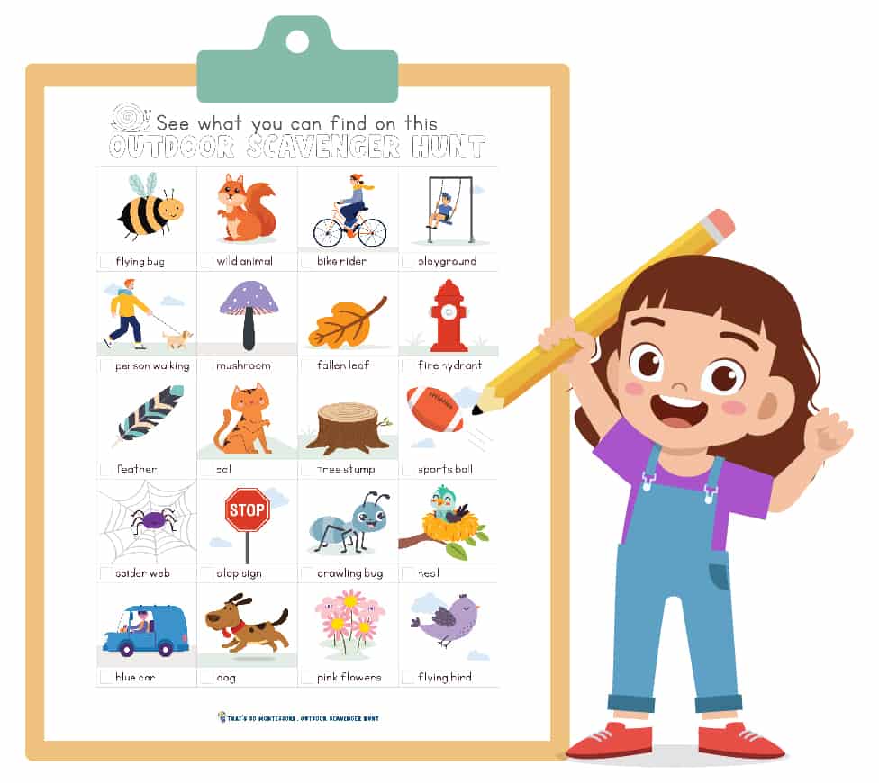 A digital image of a girl holding a really big pencil standing in front of a really big clipboard that has an outdoor scavenger hunt checklist clipped to it.