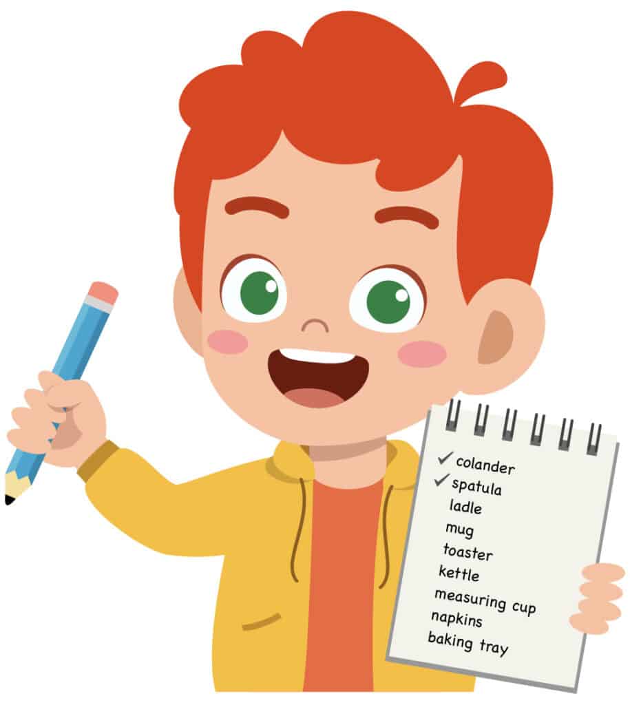 A digital image of a boy holding a pencil and a notepad with a list of kitchen items to find for a fun indoor scavenger hunt.