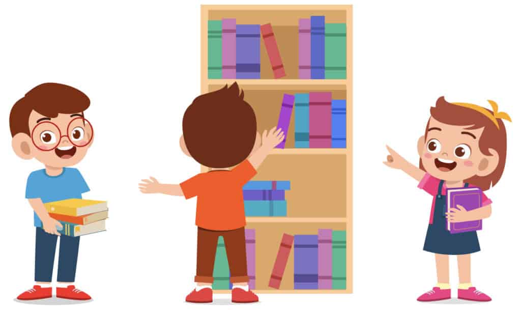 A digital image of three children looking in a bookcase. They are doing a library themed scavenger hunt.