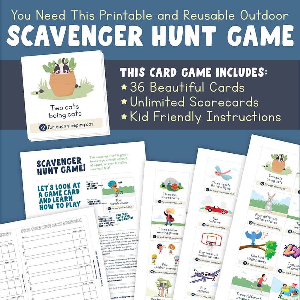 An image of our neighborhood walk scavenger hunt card game, an excellent scavenger hunt activity for kids.