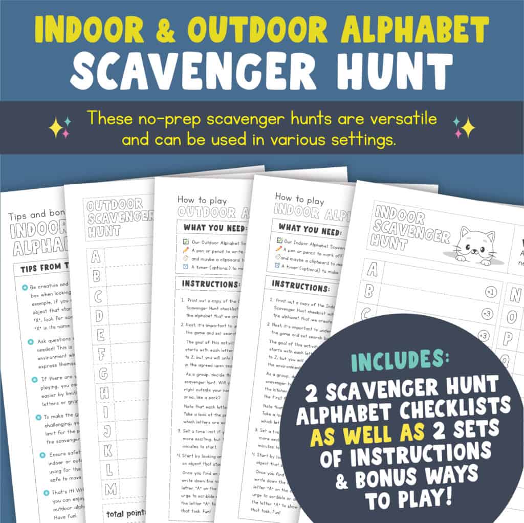 An image outlining our indoor and outdoor alphabet scavenger hunt printable product.