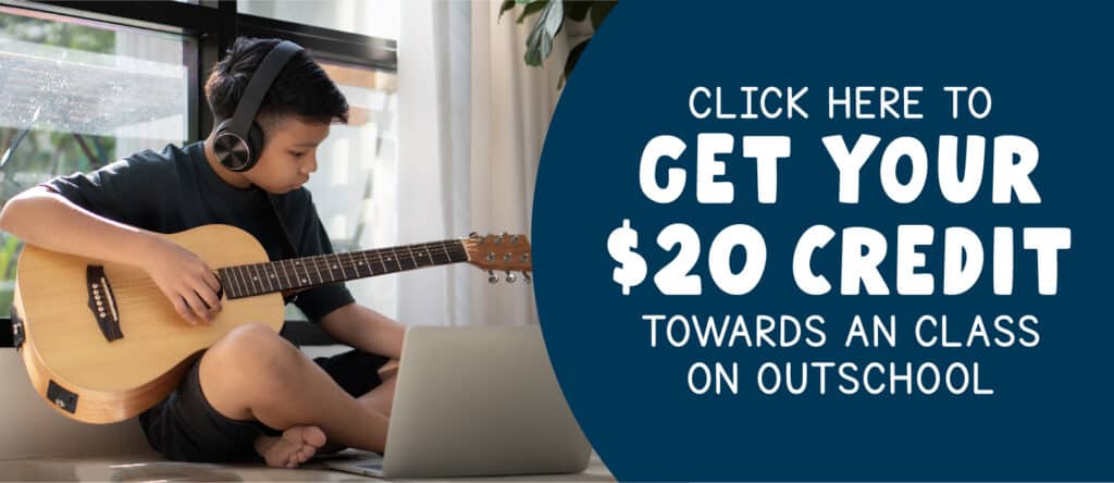 An advert for Outschool. Click the image for a $20 credit with Outschool. A great way to beat the summer brain drain!