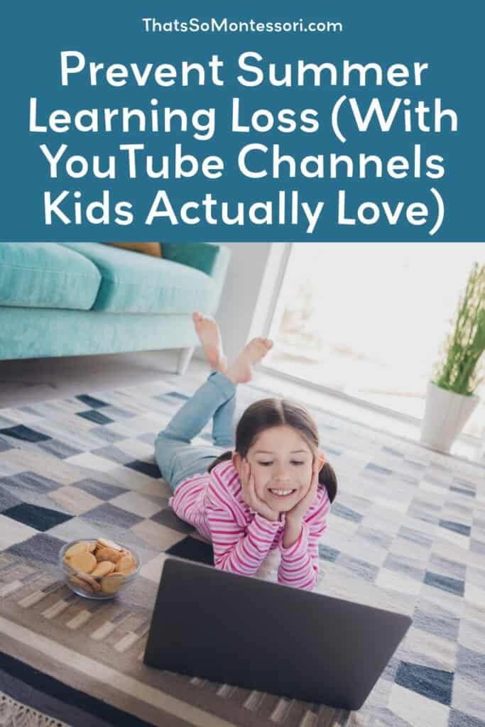 An image of an elementary aged girl laying on her stomach in a living room watching YouTube on a tablet. She's definitely preventing summer learning loss.