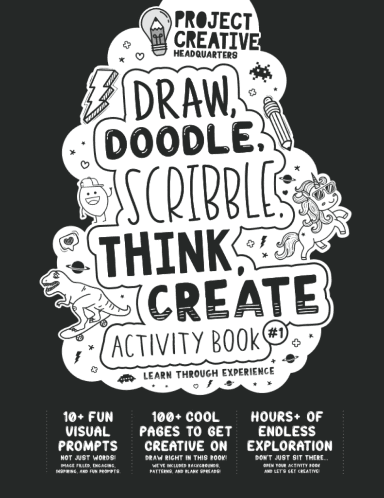 An image of the cover of the activity book Draw Doodle Scribble Think Create. This is the activity book we made!