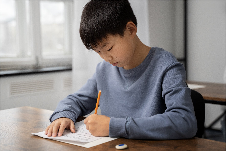 A picture of a 12 year old boy sitting at a table and writing a list. Lists are great summer reading activities for elementary kids.