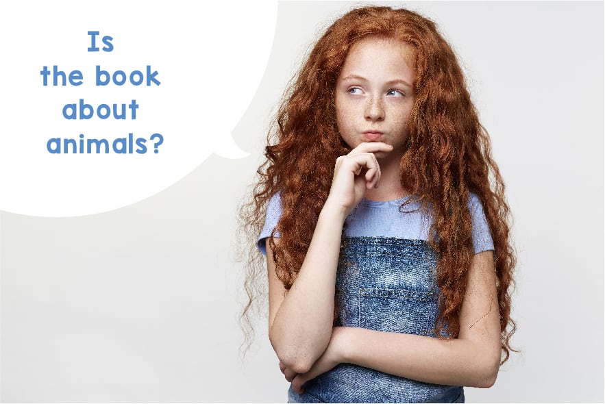 A picture of a 10 year old girl with her right hand on her chin in a pensive pose with her left arm across their body. She is asking, "Is the book about animals?" For the game 20 Questions.