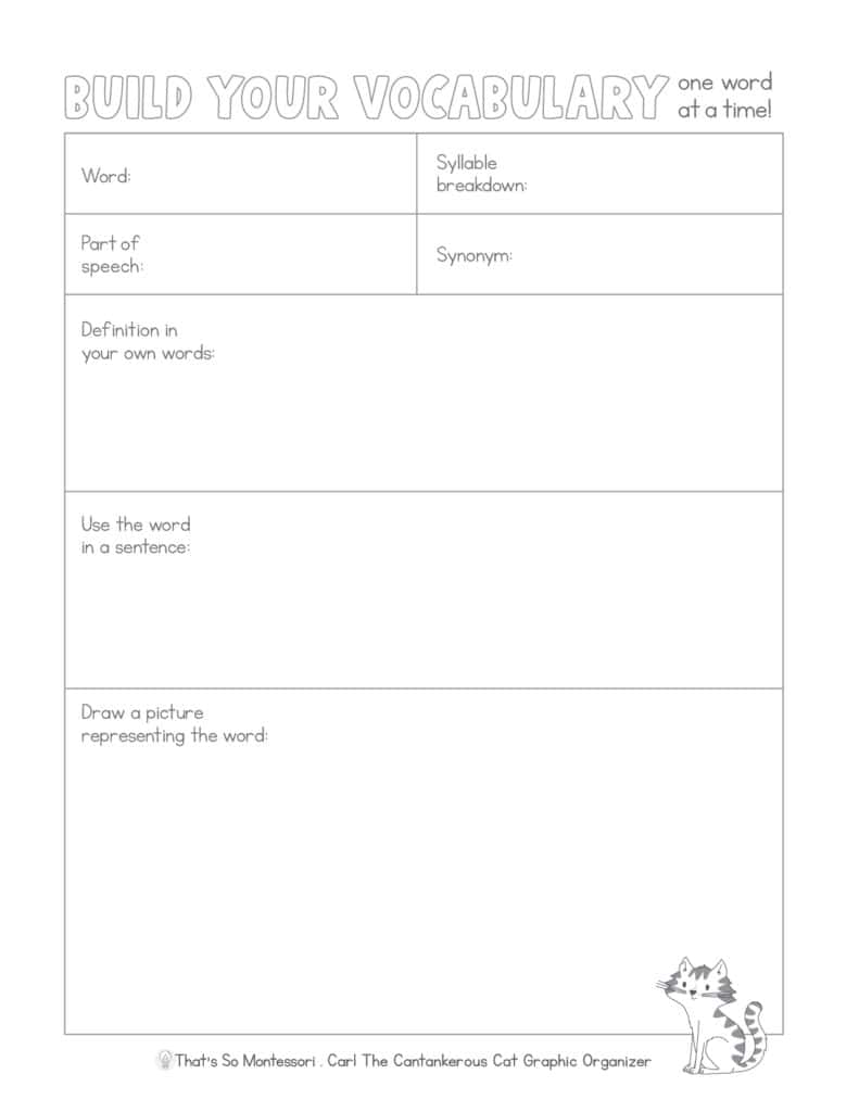 An image of our vocabulary graphic organizer that is available for purchase. Kids will write out the word, syllable breakdown, meaning, synonyms, and even draw the word.