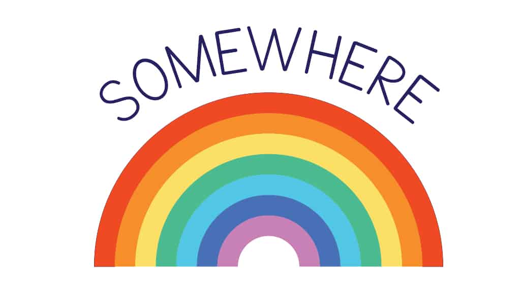 A rebus puzzle for kids that has a picture of a rainbow with the words 'somewhere' hovering above the rainbow. Do you know the answer?