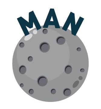 A rebus puzzle for kids where the word 'MAN' in written on an image of a moon. 