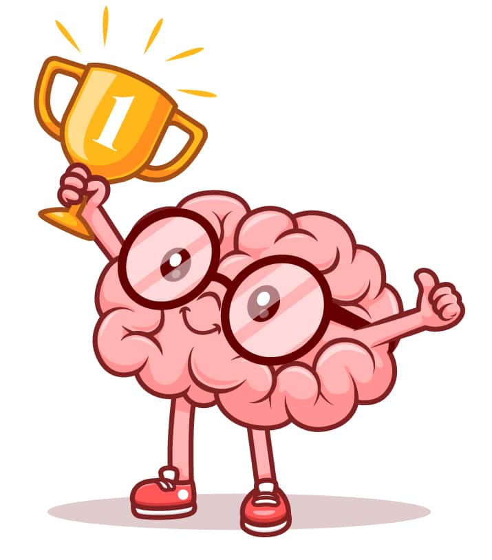 This is a digital image of a pink brain holding a gold trophy. Rebus puzzles for kids are brain boosting!